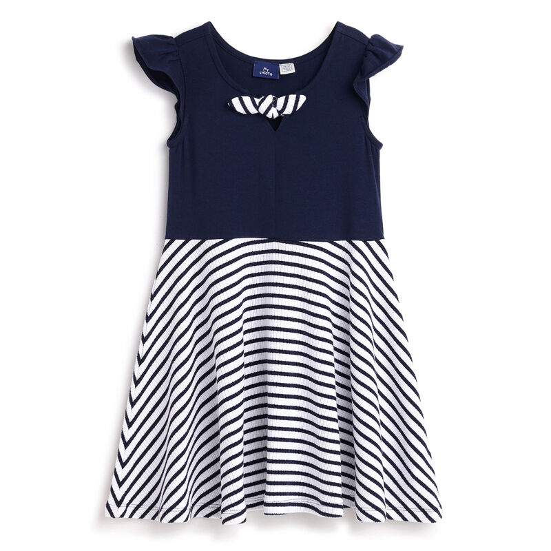 Girls White and Blue Striped Short Sleeve Dress image number 0